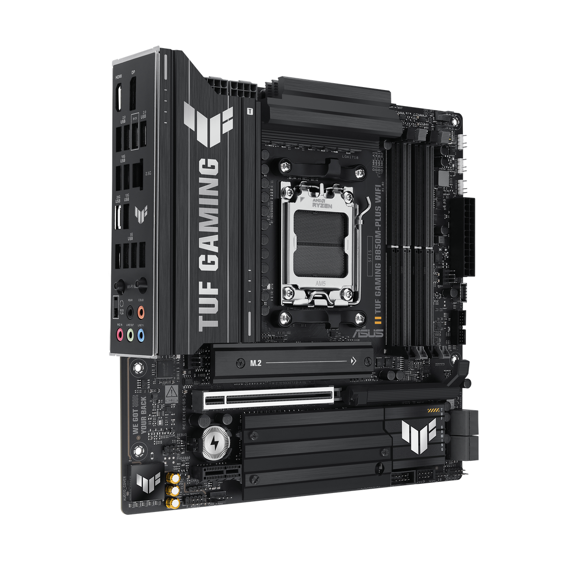 Материнская плата ASUS TUF GAMING B850M-PLUS WIFI, AM5, AMD B850, 4xDDR5, 4xSATA, 3xM.2, 1xPCIe 4.0 x16, 1xHDMI, 1xDP, 1x 2.5Gb LAN, 1xUSB-C 20Gbps, 3xUSB-A 10Gbps, 4xUSB-A 5Gbps, 4xUSB-A 2.0, 7.1, micro-ATX
