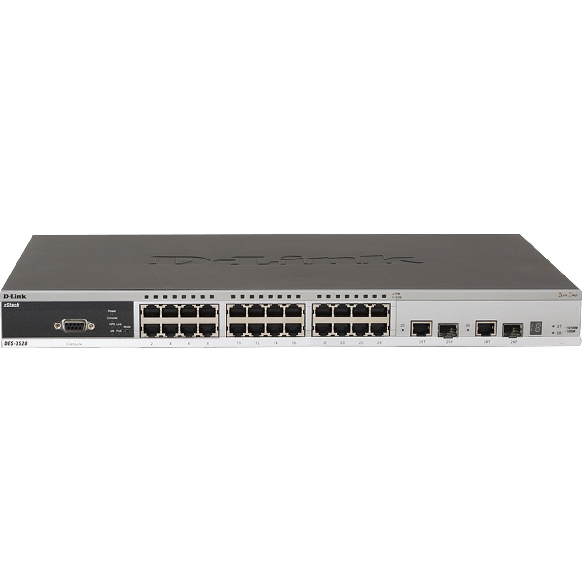 Коммутатор/ DES-3528_RFB/A4 Refurbished unit, clean, fully tested, well-packed. 24-Port 10/100Mbps + 2 Combo Copper/SFP + 2 1000 Mbps Copper L2+ Flow control, VLAN, Port Trunk, SNMP, RMON Management Features QoS support based on traffic prioritization, SaveGuard engine, IMPB, 802.1x, port security