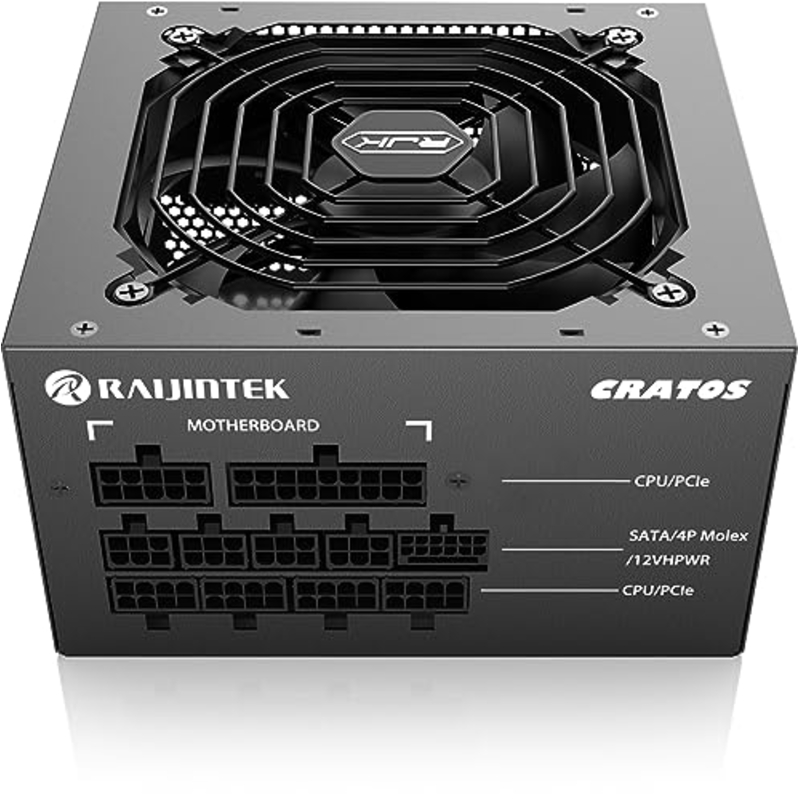 Блоки питания/ Power Supply Raijintek CRATOS 1000, 1000W 80+ Gold (ATX, 3.1, PCIe 5.1, Full-modular, 1x24(20+4)pin, 2x4+4-pin CPU, 4x6+2-pin PCIe, 1x12V(2x6), 8xSATA3, 4xMolex, Active, 120x120mm, 150x140x86mm, APFC, black)