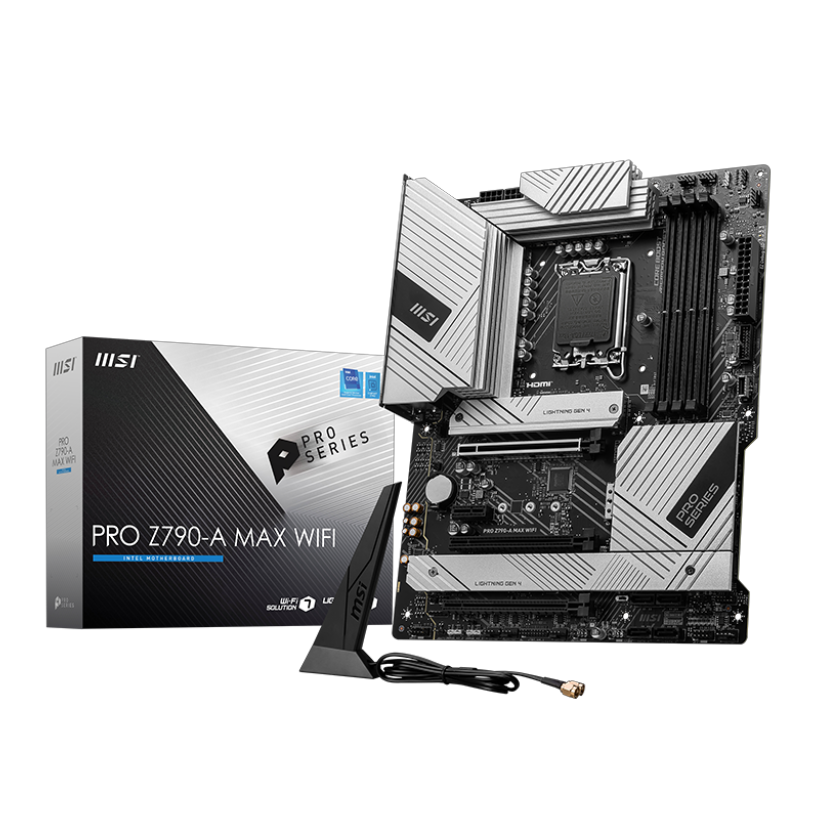 Материнская плата MSI PRO Z790-A MAX WIFI, LGA 1700, Intel Z790, 4xDDR5, 6xSATA, 4xM.2, 1xPCI-E 5.0 x16, 1xPCI-E 4.0 x16, 1xPCI-E 3.0 x16, 1xPCI-E x1, 1xHDMI, 1xDP, 1x2.5Gb LAN, 2xUSB-A 2.0, 2xUSB-A 3.2 Gen 1, 3xUSB-A 3.2 Gen 2, 1xUSB-C 3.2 Gen 2x2, 5x3.5мм, TOSLINK, 7.1, ATX