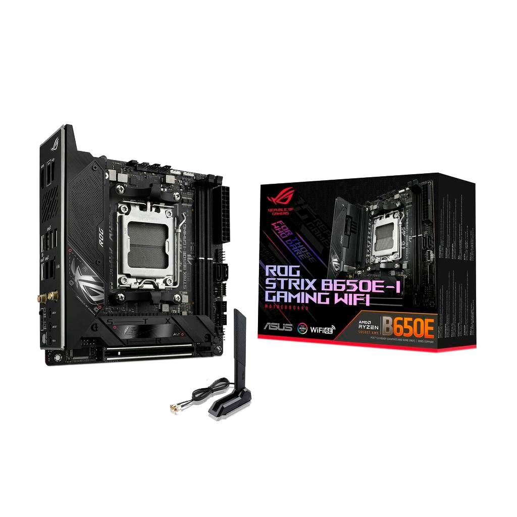 Материнская плата ASUS ROG STRIX B650E-I GAMING WIFI, AM5, AMD B650, 2xDDR5, 2xSATA, 2xM.2, 1xPCIe 5.0 x16, 1xHDMI, 1x 2.5Gb LAN, 4xUSB-A 3.2 Gen 2, 1xUSB-A 3.2 Gen 1, 1xUSB-C 3.2 Gen 2x2, 3x3.5 мм, 7.1, Mini-ITX