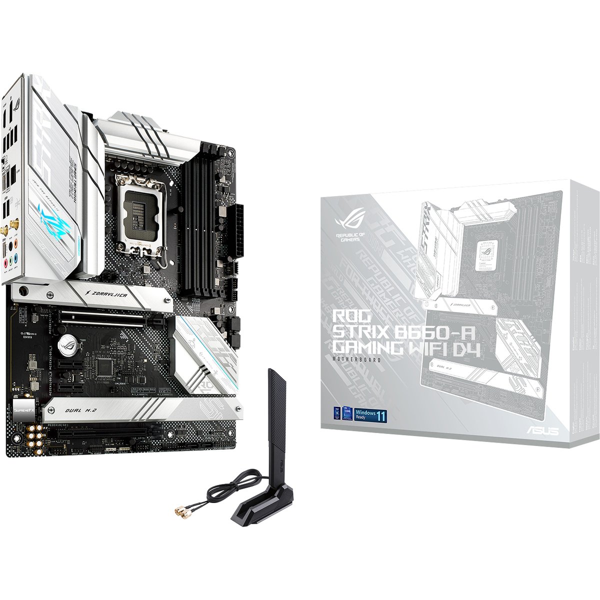 Материнская плата ASUS ROG STRIX B660-A GAMING WIFI D4, LGA 1700, Intel B660, 4xDDR4, 4xSATA, 3xM.2, 1xPCIe 5.0 x16, 1xPCIe 3.0 x4, 2xPCIe x1, 1xHDMI, 1xDP, 1x 2.5Gb LAN, 4xUSB 2.0, 2xUSB 3.2 Gen 1, 1xUSB-A 3.2 Gen 2, 1xUSB-C 3.2 Gen 1, 1xUSB-C 3.2 Gen 2x2, 5x3.5 мм, 7.1, ATX