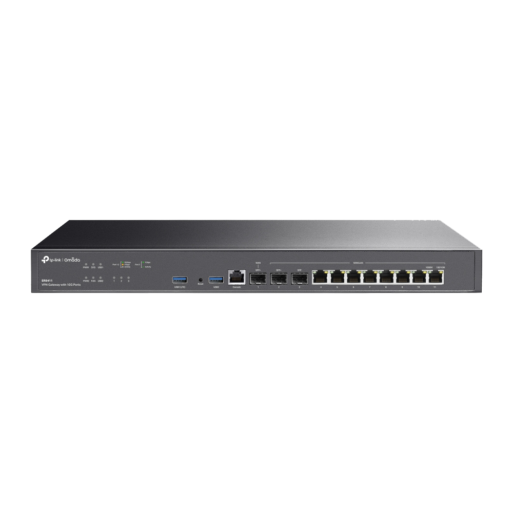 ER8411 - Маршрутизатор VPN, TP-Link, ER8411, SafeStream Гигабитный VPN-маршрутизатор с 2 портами SFP+ 10 Гбит/с, 1 гигабитный SFP-порт WAN/LAN, 8 гигабитных портов RJ45 WAN/LAN, 1 консольный порт RJ45, 2 USB-порта для создания резервного подключения WAN через USB-модем 3G/4G
