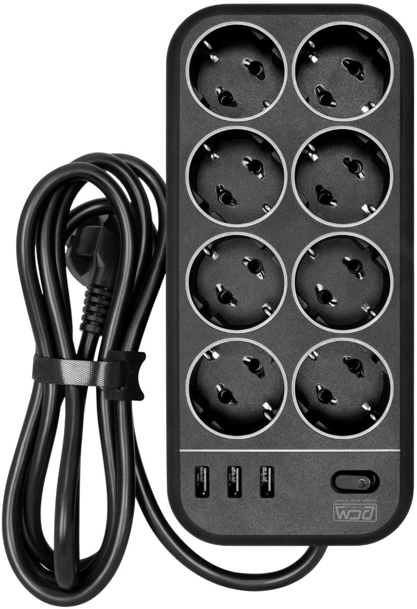 Фильтр-удлинитель PowerCom SP-08 USB03AB 3.0M, 8 розеток, черный, 16А, 4кВт, 175Дж, 3*USB, защитные шторки, защита от КЗ, перегрузки, ВЧ и импульсных помех, кабель 3x1 мм2, ШхГхВ 230х105х45 мм, вес 0.68 кг./ Surge protector PowerCom SP-08 USB03AB 3.0M, 8 sockets, black, 16A, 4kW, 175J, 3*USB, protective curtains, protection against short circuit, overload, HF and impulse noise, cable 3x1 mm2, WxDxH 230x105x45 mm, weight 0.68 kg.