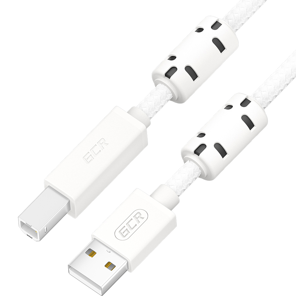GCR PRO Кабель Premium 1.5m USB 2.0, AM/BM, в оплетке нейлон, белый, ферритовые кольца, 28/24 AWG, медь, экран, армирование