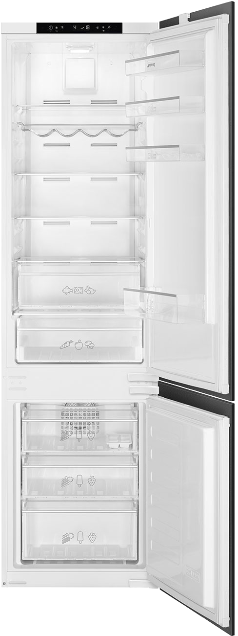Встраиваемые холодильники SMEG/ Встраиваемый комбинированный холодильник SMEG, ВхШхГ 1935х540х545 мм, No-frost, объем 284 (215+69) л, инверторный компрессор, функция "Отпуск", быстрая заморозка, быстрое охлаждение, LED освещение, слайдерное крепление, цвет белый