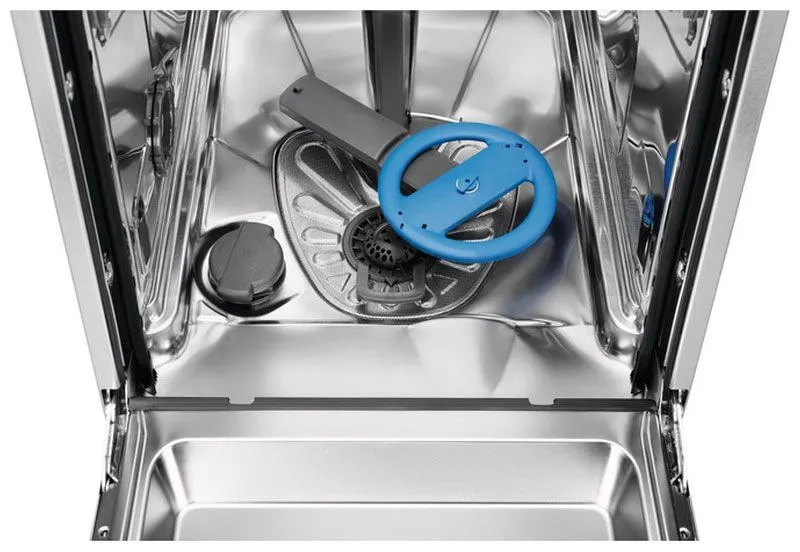 Встраиваемые посудомоечные машины ELECTROLUX/ Встраиваемая узкая посудомоечная машина, загрузка на 9 комплектов посуды, сенсорное управление, 8 программ, 44.6x55x82 см, черный цвет, сушка: с открыванием дверцы, индикация на полу: проекция дисплея
