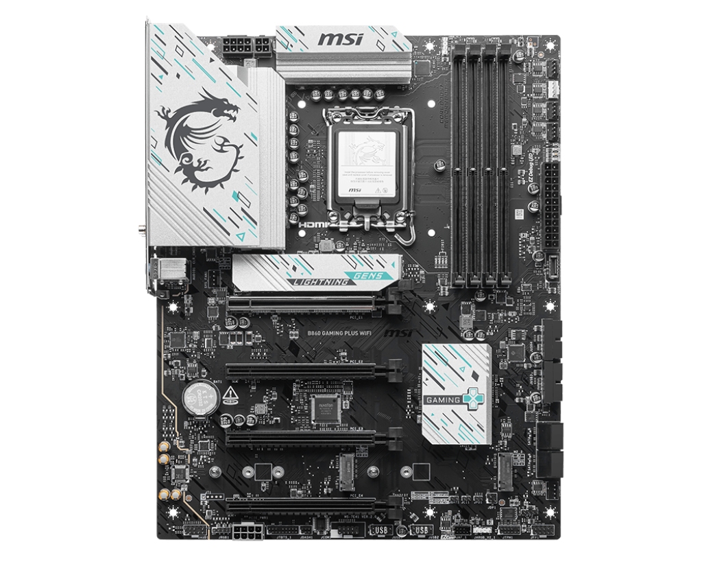 Материнская плата MSI B860 GAMING PLUS WIFI, LGA1851, Intel B860, 4xDDR5, 4xSATA, 3xM.2, 1xPCIe 5.0 x16, DisplayPort, HDMI, USB Type-C, 1x5Gb LAN, Thunderbolt, 3x3.5 мм, 7.1, ATX