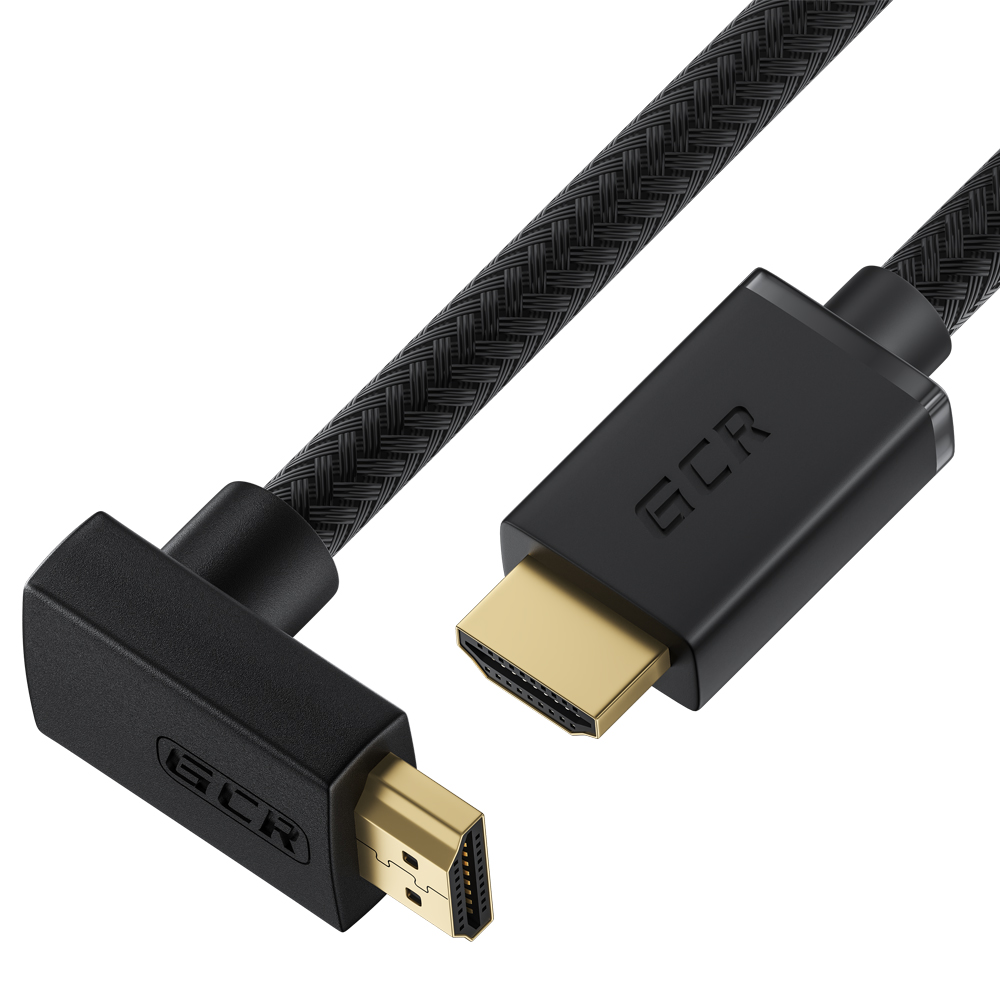 GCR Кабель 1.5m HDMI 2.0, M/M верхний угол, черный в оплетке нейлон, медь, HDR 4:2:2, UHD 4K60Hz/5K*30Hz, 3D, AUDIO, 18.0 Гбит/с, 28 AWG