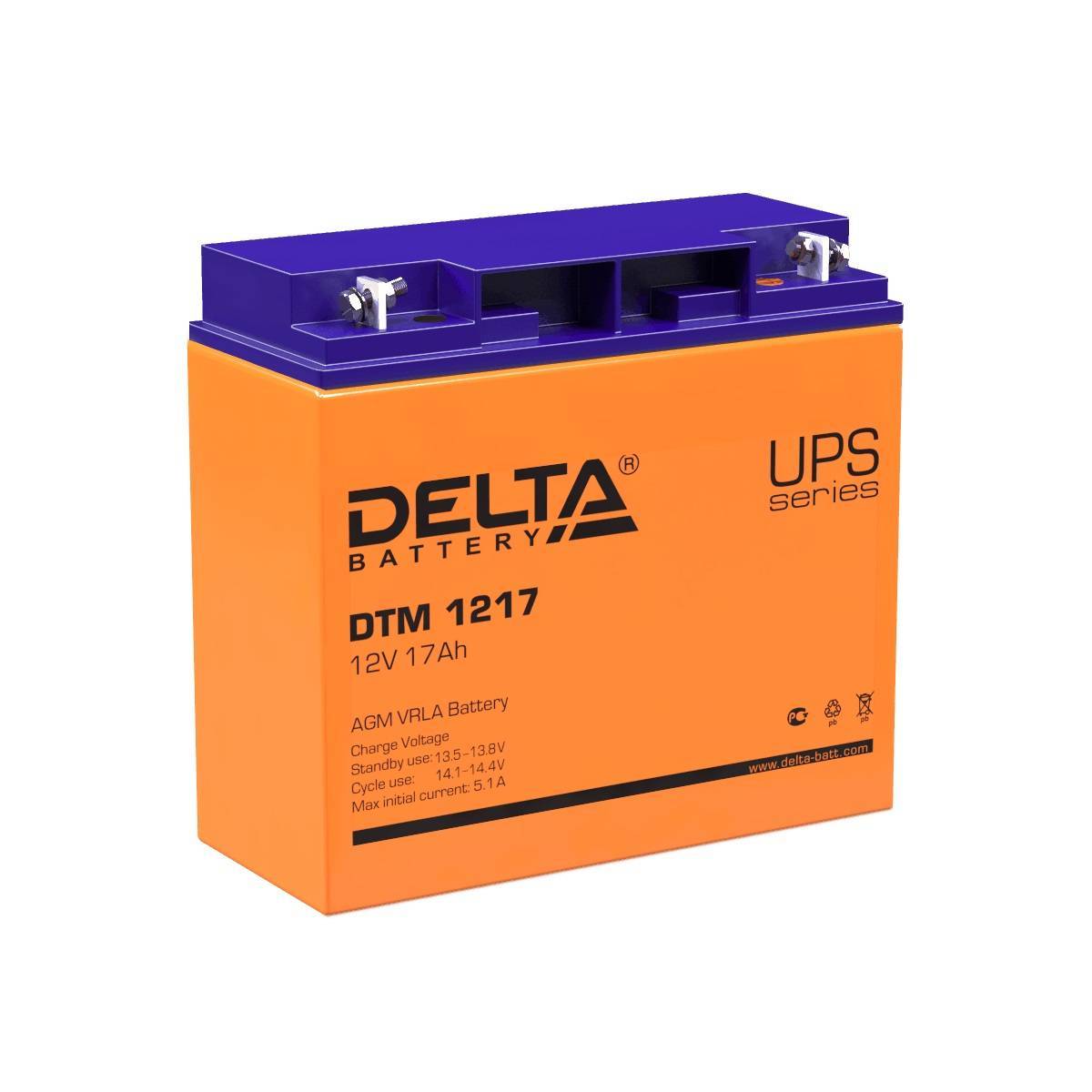 Аккумуляторная батарея Delta DTM 1217 12В/17Ач, клемма Болт + гайка Ø 5,5 мм (181х77х167мм (167мм); 5,6кг; Срок службы 6