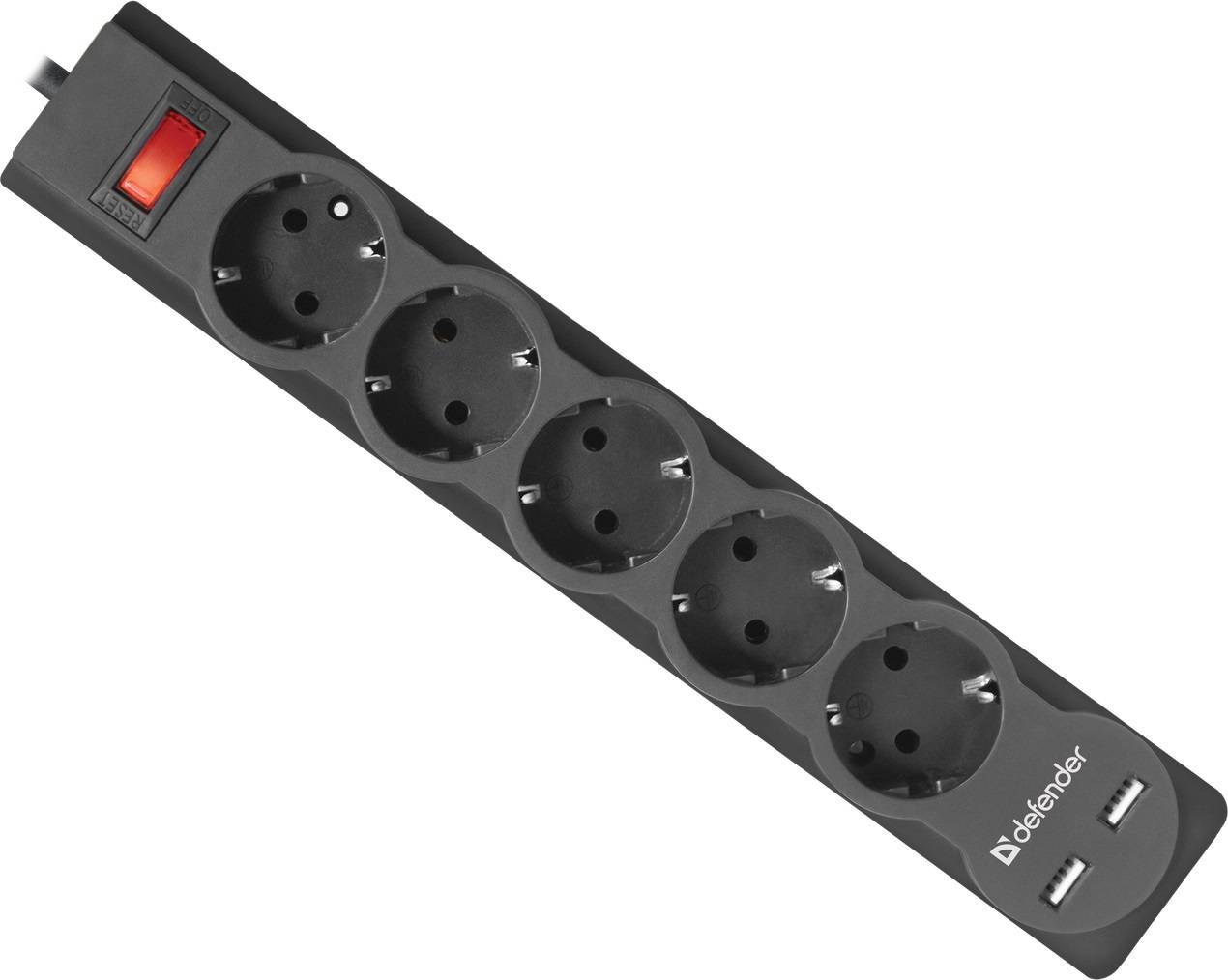 Defender Удлинитель с сетевым фильтром DFS 753, 5 розеток + 2xUSB, 2.1A, 3 м, чёрный.