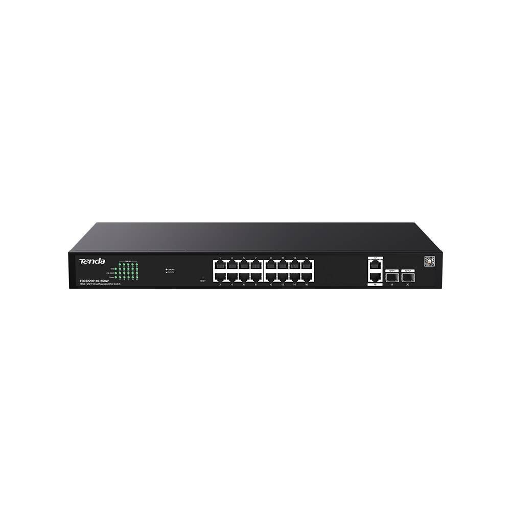 Tenda TEG2220P-16-250W Коммутатор управляемый PoE, 18 портов, 18x 1 Гбит/с, SFP 2x1 Гбит/с, PoE 16x 30Вт (до 230Вт)