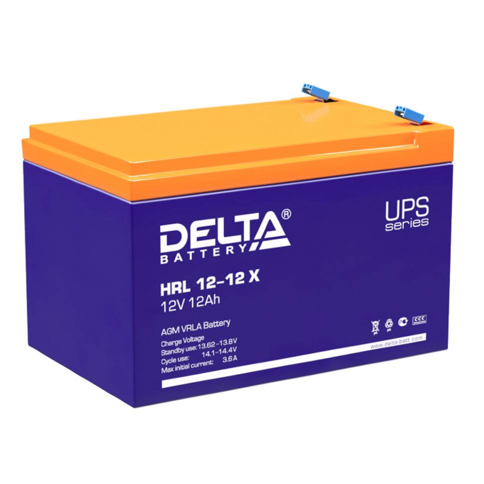 Батарея DELTA серия HRL-X, HRL 12-12 X, напряжение 12В, емкость 12Ач (разряд 10 часов),  макс. ток разряда (5 сек.) 160А, макс. ток заряда 3.6А, свинцово-кислотная типа AGM, клеммы F2, ДxШxВ 151х98х95мм., вес 3.85кг., срок службы 12 лет./ Battery DELTA series HRL-X, HRL 12-12 X, voltage 12V, capacity 12Ah (discharge 10 hours), max. discharge current (5 sec.) 160A, max. charge current 3.6A, lead-acid type AGM, terminals F2, LxWxH 151x98x95mm., weight 3.85kg., service life 12 years.