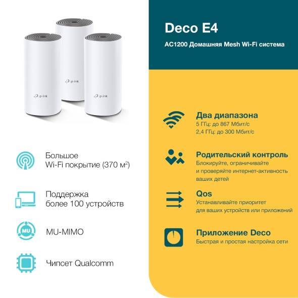 TP-Link Deco E4(3-pack) Домашняя Mesh Wi-Fi система AC1200, до 300 Мбит/с на 2,4 ГГц + до 867 Мбит/с на 5 ГГц