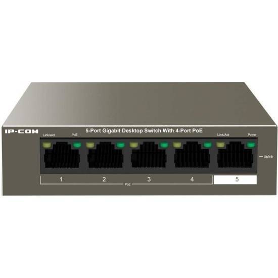 IP-COM G1105P-4-63W - Коммутатор PoE неуправляемый 5 портовый. 4 порта PoE 10/100/1000 Мбит/c Base-T (IEEE 802.3at/af) до 30Вт на порт + 1 порт Ethernet 10/100/100 Мбит/c Base-T. Бюджет PoE 58Вт. Грозозащита на порт 6 кВ.