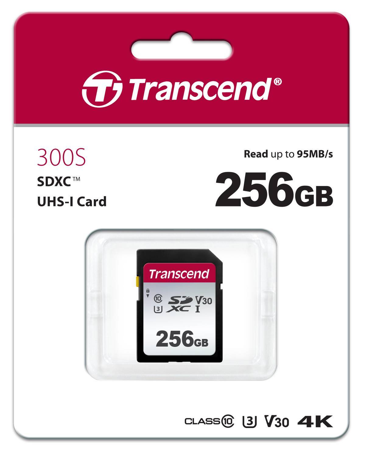 Карта памяти Transcend - 300S, SDXC, write speed 40Mb/s, read speed 95Mb/s, UHS-I Class 3, V30, Class 10, 256GB, TS256GSDC300S