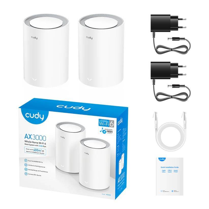 Cudy M3000(2-Pack) 2.0 2,5-гигабитная Mesh-система Wi-Fi 6 AX3000, 2,4/5 ГГц, до 2976 Мбит/с, WAN 1x2,5 Гбит/с