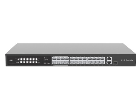 Uniview NSW2020-24T1GT1GC-POE-IN Коммутатор 24 сетевых POE порта×100Mbps (RJ45), 1×1000Mbps порт, 1×1000Mbps комбинированный порт, (IEEE802.3,IEEE802.3u,IEEE802.3z, IEEE802.3ab, IEEE802.3x,IEEE802.3af,IEEE802.3at,IEEE802.3az), коммутационная способность 8.8Gbps, скорость пересылки пакетов 6.55Mpps, размер буфера 4Mbit, MAC 16K, бюджет мощности 370 Вт, максимальная мощность на порт 30 Вт., встроенный вентилятор, встроенный блок питания AC 100-240V, 50/60Hz.