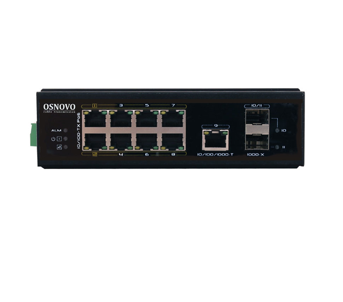 Промышленный PoE коммутатор Gigabit Ethernet OSNOVO SW-60812/I Промышленный PoE коммутатор на 11 портов. Порты: 6 x FE (10/100Base-T) с PoE (до 30W) + 2 x FE (10/100Base-T) с PoE (до 60W) + 1 x GE (10/100/1000Base-T) + 2 x GE SFP (1000Base-X). В
