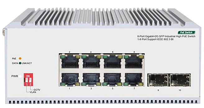 Коммутатор ORIGO Промышленный неуправляемый PoE-коммутатор, 8x1000Base-T PoE (802.3bt 90 Вт), 2x1000Base-X SFP, PoE-бюджет 185 Вт, защита от статического электричества до 6 кВ, -40..75°C