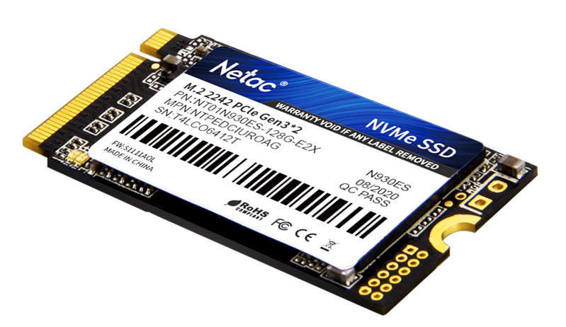 SSD накопитель Netac SSD N930ES 128GB PCIe 3 x2 M.2 2242 NVMe 3D NAND, R/W up to 970/635MB/s, IOPS(R4K) 100K/130K, TBW 75TB, 3y wty