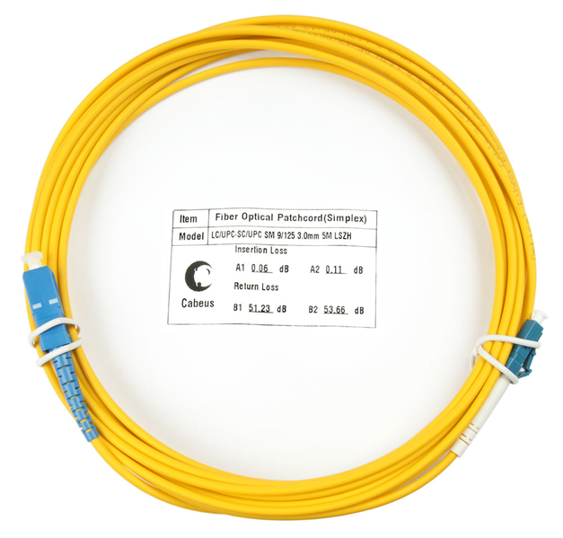 Коммутационный шнур оптический Cabeus Tight Buffer, Simplex SC/LC, OS2 9/125, LSZH, 7м, d= 3мм, синий хвостовик, желтый