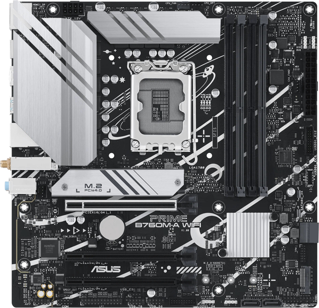 Материнская плата ASUS PRIME B760M-A WIFI, LGA1700, B760, 4*DDR5, 4*SATA, 2*M.2, 2*USB 3.2, 4*USB 2.0, 3*PCIx16, DP+2*HDMI, mATX; 90MB1EL0-M1EAY0