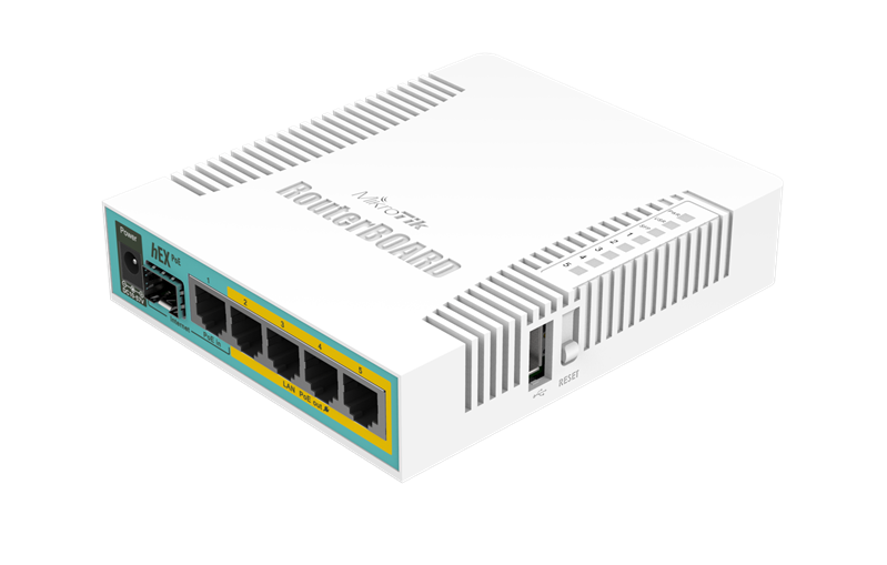Маршрутизатор MikroTik hEX PoE with 800MHz CPU, 128MB RAM, 5x Gigabit LAN (four with PoE out), SFP, USB, RouterOS L4, plastic case and PSU (Б/У)
