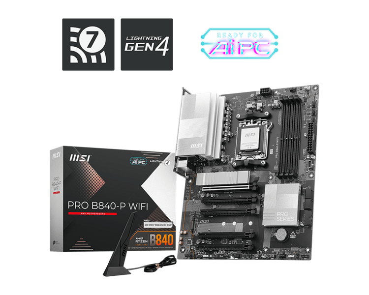 Материнская плата MSI PRO B840-P WIFI ,B840,AM5,4DDR5,5PCI-Ex16,2M.2,4SATA3,2USB10G(1A+1C),5USB5G