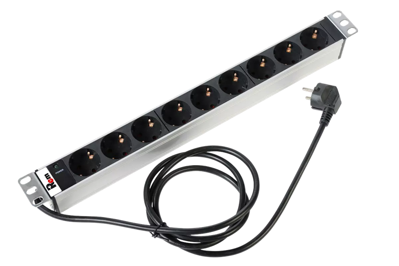 Блок розеток ЦМО - Rem-16, 16A, in (220 - 250V Сетевой шнур (Schuko)), out (220 - 250V 9xSchuko), 1.8 м, Горизонтальный, индикатор, 1U, цвет серый, R-16-9S-I-440-1.8