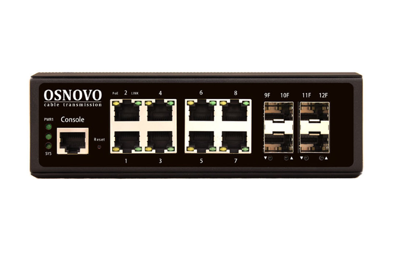 Коммутатор Osnovo промышленный управляемый (L2+)  Gigabit Ethernet на 8 GE Rj45 + 4 GE SFP порта. Порты: 8 x GE (10/100/1000Base-T) + 4 x GE SFP (1000Base-X). Уровень управления L2 (Full Managed). Питание DC12-55V. БП в комплект НЕ входит. Монтаж на DIN-рейку. Встроенная грозозащита 6kV. Размеры (ШхВхГ): 53.5x165x123. Рабочая температура: -40…+75°С