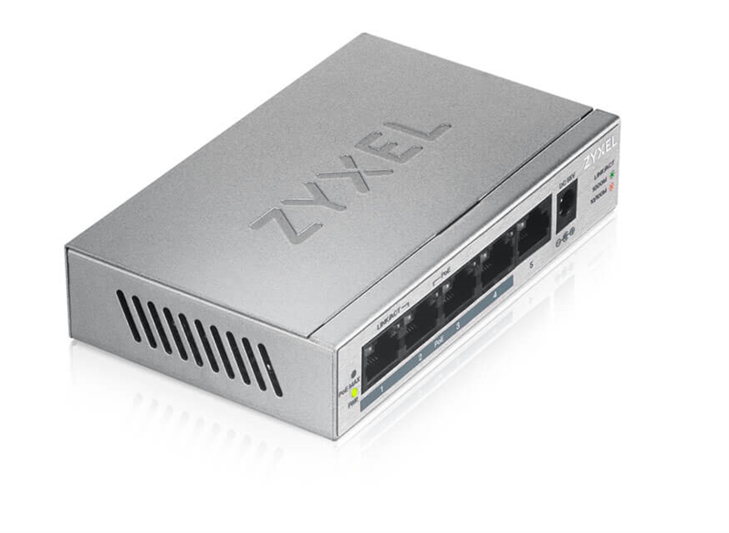 ZYXEL GS1005HP-EU0101F PoE+ коммутатор GS1005HP, 5xGE (4xPoE+), настольный, металлический, бесшумный, бюджет PoE 60 Вт