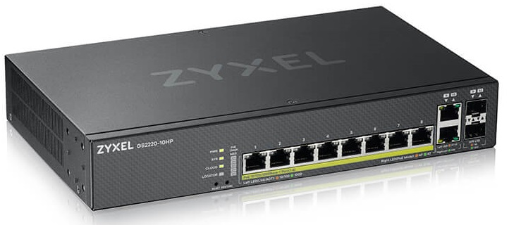 Коммутатор/ ZYXEL NebulaFlex Pro GS2220-10HP Hybrid L2 PoE+ Switch, 19 "rack, 8xGE PoE+, 2xCombo (SFP / RJ-45), 180W PoE Budget, Standalone / Cloud Management