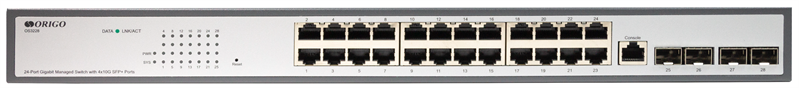 Коммутатор ORIGO Управляемый L3 коммутатор, 24x1000Base-T, 4x10GBase-X SFP+, консольный порт RJ-45, комплект для установки в 19" стойку