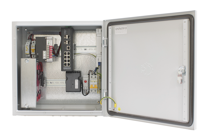 Уличный управляемый коммутатор OSNOVO OS-44TB1(SW-80804/ILS(port 90W)) Уличный управляемый (L2+) коммутатор на 12 портов с термостабилизацией, резервным питанием и функцией мониторинга температуры/влажности/напряжения на базе уличн