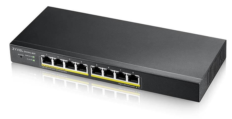 Коммутатор гибридный Smart L2 PoE+ Zyxel NebulaFlex GS1915-8EP, 8xGE PoE+, бесшумный (без вентилятора), бюджет PoE 60 Вт, автономное/облачное управление