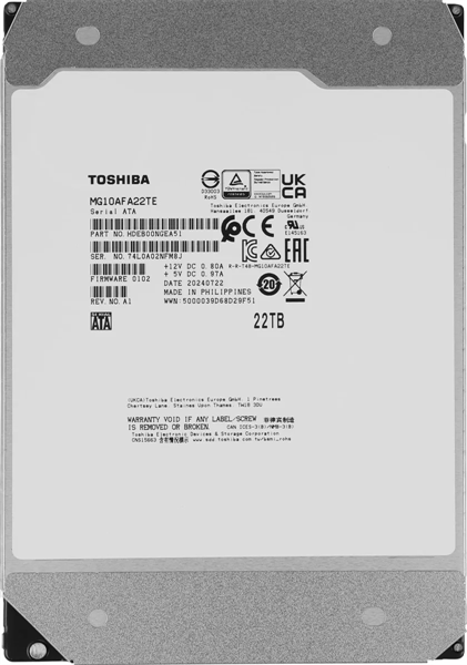 Жесткий диск Toshiba Enterprise HDD 3.5" SATA 22TB, 7200 rpm, 512MB buffer, 512e/4Kn, MG10AFA22TE, 1 year