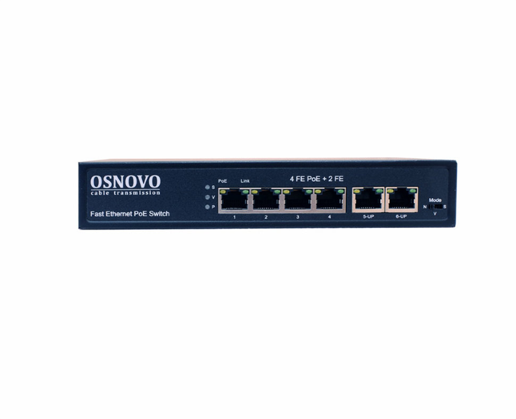 Коммутатор Osnovo PoE, Fast Ethernet на 6 RJ45 портов. Порты: 4 х FE (10/100 Base-T) с поддержкой PoE (IEEE 802.3af/at), 2 x FE (10/100 Base-T) Uplink. Соответствует стандартам PoE IEEE 802.3af/at. Автоматическое определение и режим антизависания PoE устройств. Мощность PoE на порт - до 30W. Суммарная мощность PoE -  до 80W. Поддержка режима CCTV: Увеличение расстояния передачи данных и питания до 250м, изоляция портов (VLAN). Встроенная грозозащита 3кВ. Питание: AC100-240V (83W) Встроенный БП. Размеры (ШхВхГ): 190 x 35 x 130мм. Рабочая температура: -10...+55 гр. С.