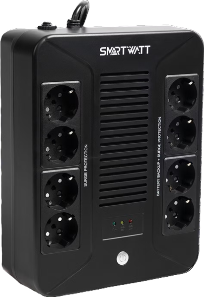 Источник бесперебойного питания SMARTWATT ИБП линейно-интерактивный, мощность 600/360 ВА/Вт, напольный/настенный, LED индикация, Shuko CEE7/4 - 8 шт. (4 шт. с резервным питанием, 4 шт. - сетевой фильтр), встроенные АКБ (370302027000